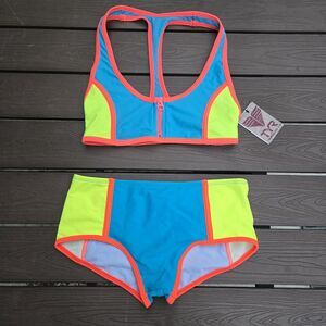 TYR Women Zip Racerback & Matching Boyshorts Bikini Neon/blue Size M New